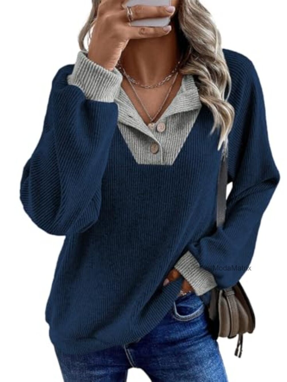 Plus Size Button Up V Neck Colorblock Sweatshirt Oversized Pullover